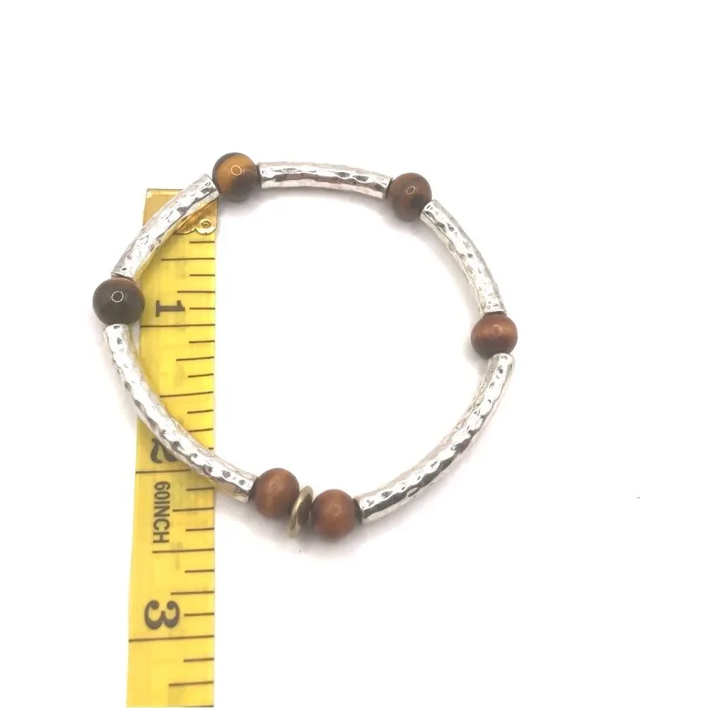 Silver Hammered and Tigers Eye Beaded  Stretch Bracelet
